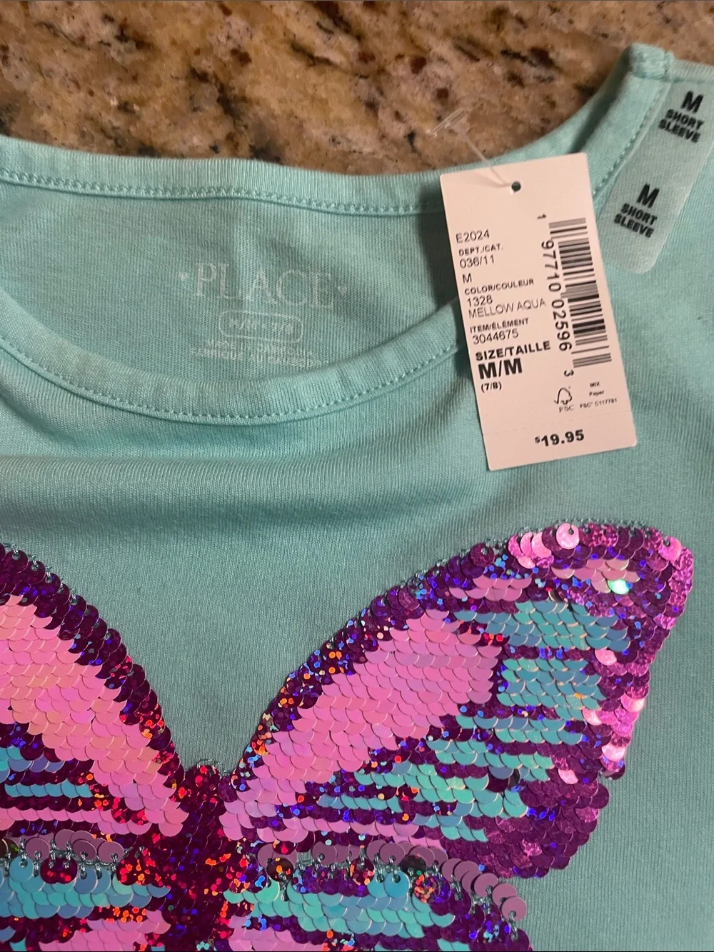 NWT The Children's Place Girl’s Teal Short Sleeve Butterfly Sequin Tee Size 7/8